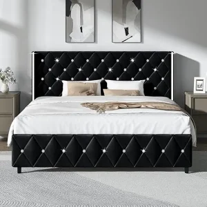 Full Size Upholstered Bed Frame with Headboard, Faux Leather