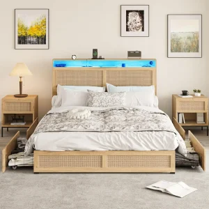 Boho Style Rattan Bed Frame Full or Queen Size with Headboard & 4 Storage Drawers