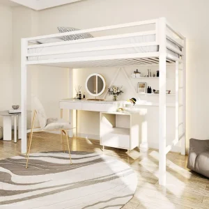 Metal Loft Bed Twin Size with Safety Guardrail and Ladder