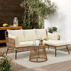 3 Piece Modern Boho Patio Furniture Set with Round Glass Coffee Table