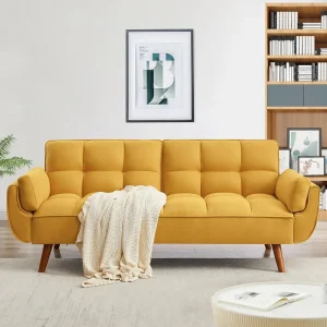 Modern 3 Seater Convertible Linen Futon Sofa with Adjustable Backrests and Solid Wood Legs