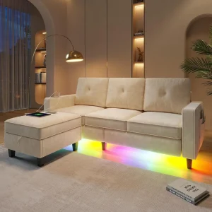 Modern LED Convertible Sectional Sofa with Charging Station 1 or 2 Ottomans
