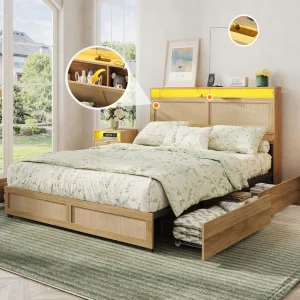 Queen Size Boho Bed Frame with Rattan Hidden Storage Headboard, LED Light and 4 Drawers