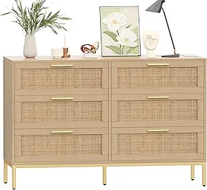 Modern Boho Rattan or White Dresser with 6 Drawers