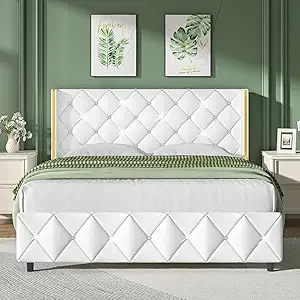 Full Size Modern Luxury Velvet Bed Frame with Diamond Headboard