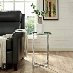 1pc Modern Glass Top Round Accent Table with Chrome X Base, 16 Inch