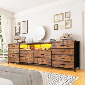 Modern Dresser with LED Lights & Power Outlets & 12 Drawers