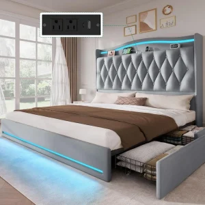 LED Upholstered Bed Frame with Storage & Charging Station – King & Queen Sizes