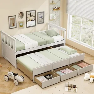 Twin Size Wood Trundle Bed with Storage Drawers – No Box Spring Needed
