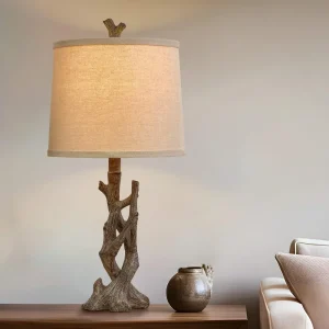 Set of 2 Rustic Tree Trunk Table Lamp – 23" Farmhouse Bedroom Lamp with Wood Grain Finish