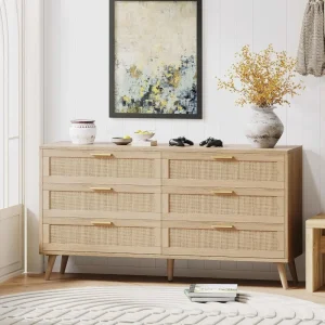 Modern Rattan Wooden Dresser – 6-Drawer Chest with Gold Handles